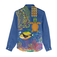 Hawaii Ocean Women Casual Shirt Pineapple Turtle and Mango Reef Triggerfish and Kakau Tattoo LT03 - Polynesian Pride