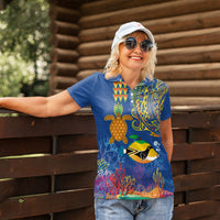 Hawaii Ocean Women Polo Shirt Pineapple Turtle and Mango Reef Triggerfish and Kakau Tattoo LT03 - Polynesian Pride