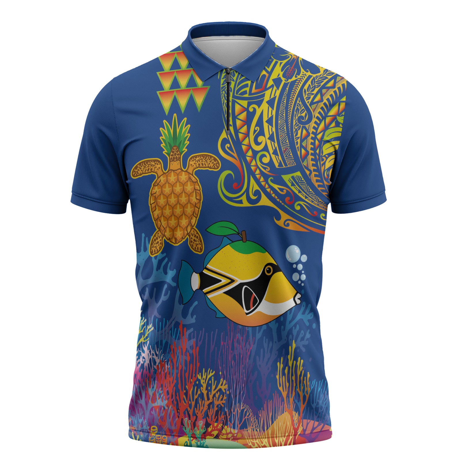 Hawaii Ocean Zipper Polo Shirt Pineapple Turtle and Mango Reef Triggerfish and Kakau Tattoo