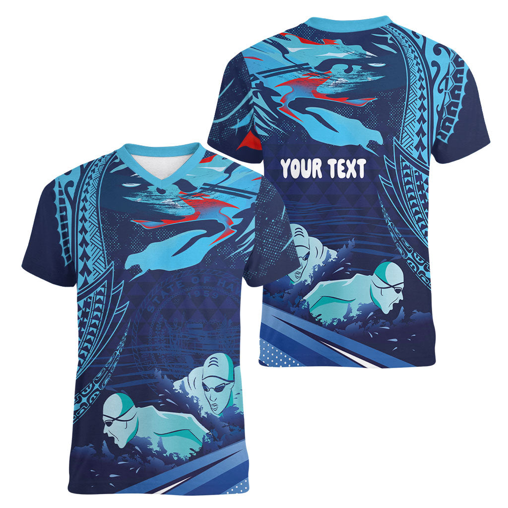 Personalized Hawaii Swimming Women V-Neck T-Shirt Tribal Sporty Style LT03 - Polynesian Pride