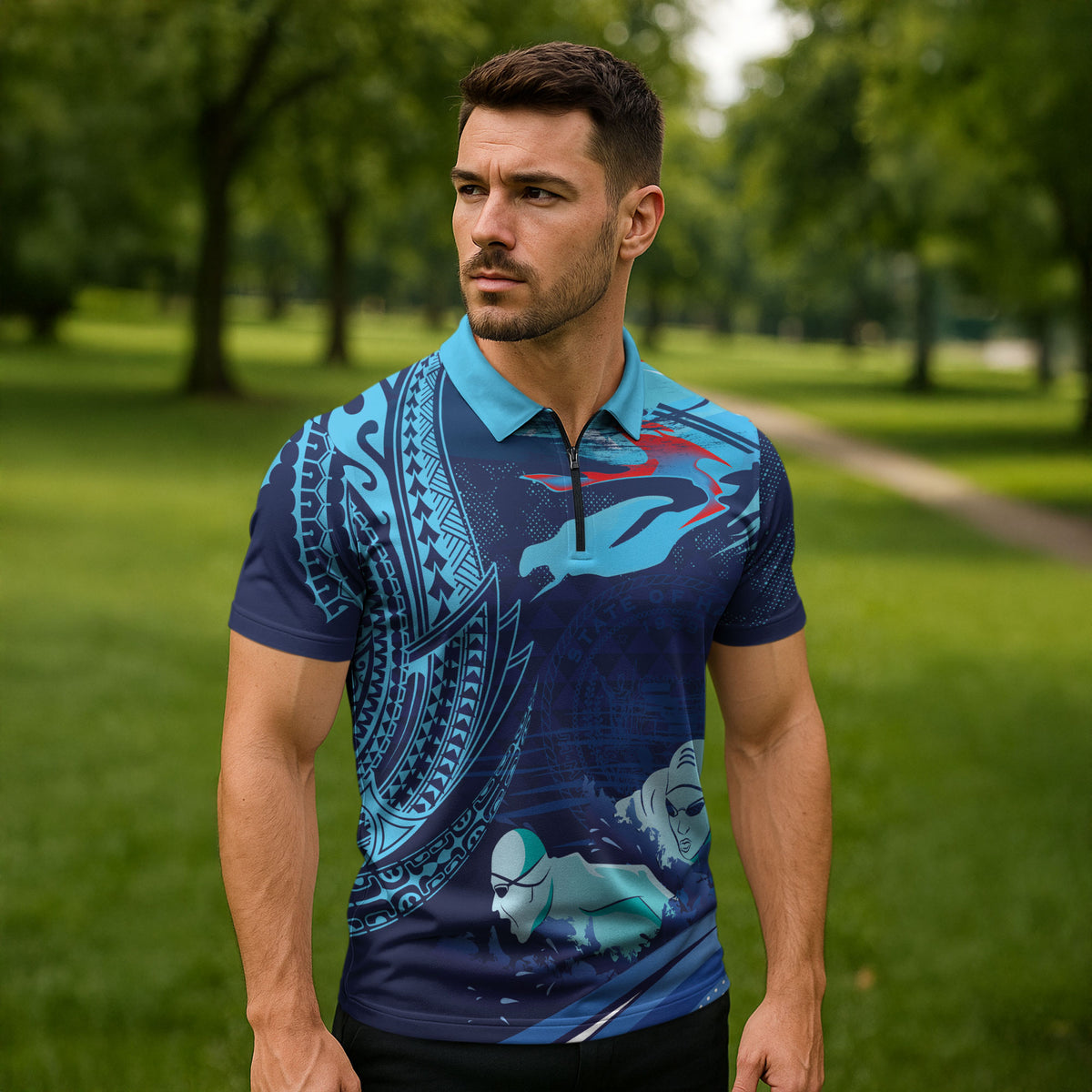 Personalized Hawaii Swimming Zipper Polo Shirt Tribal Sporty Style LT03 - Polynesian Pride