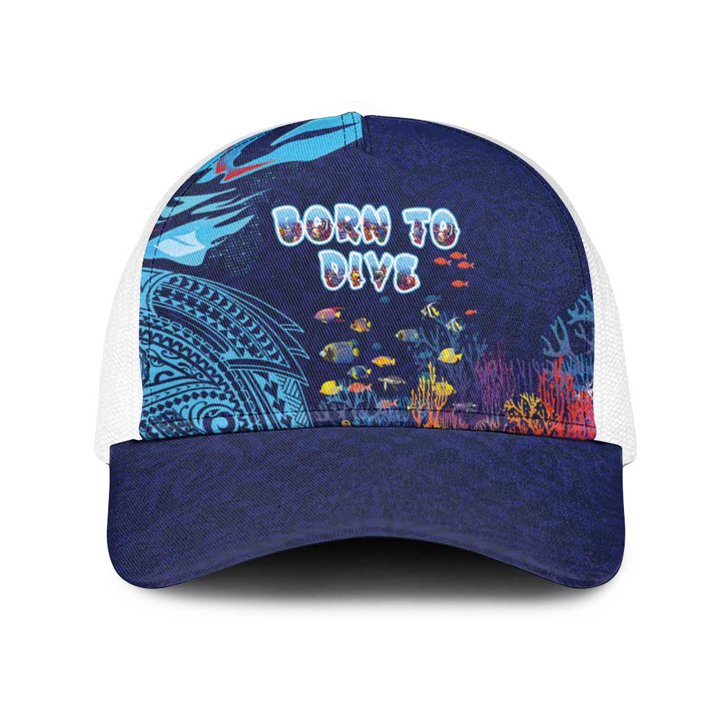 Hawaii Diving Mesh Trucker Cap Tribal Pattern with Ocean Floor LT03 One Size White Multicolor - Polynesian Pride