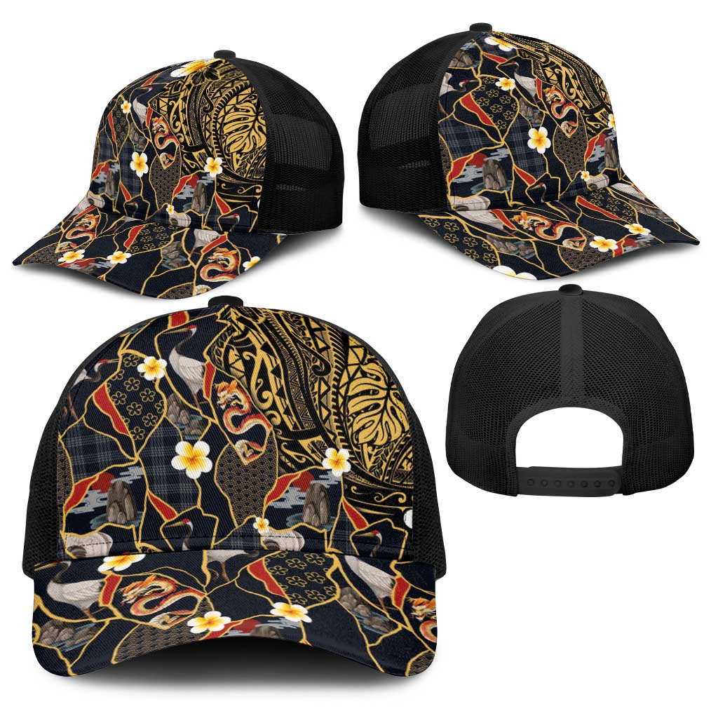Hawaiian and Japanese Baseball Net Cap Polynesian Tattoo with Japanese Culture Kintsugi Style LT03 - Polynesian Pride