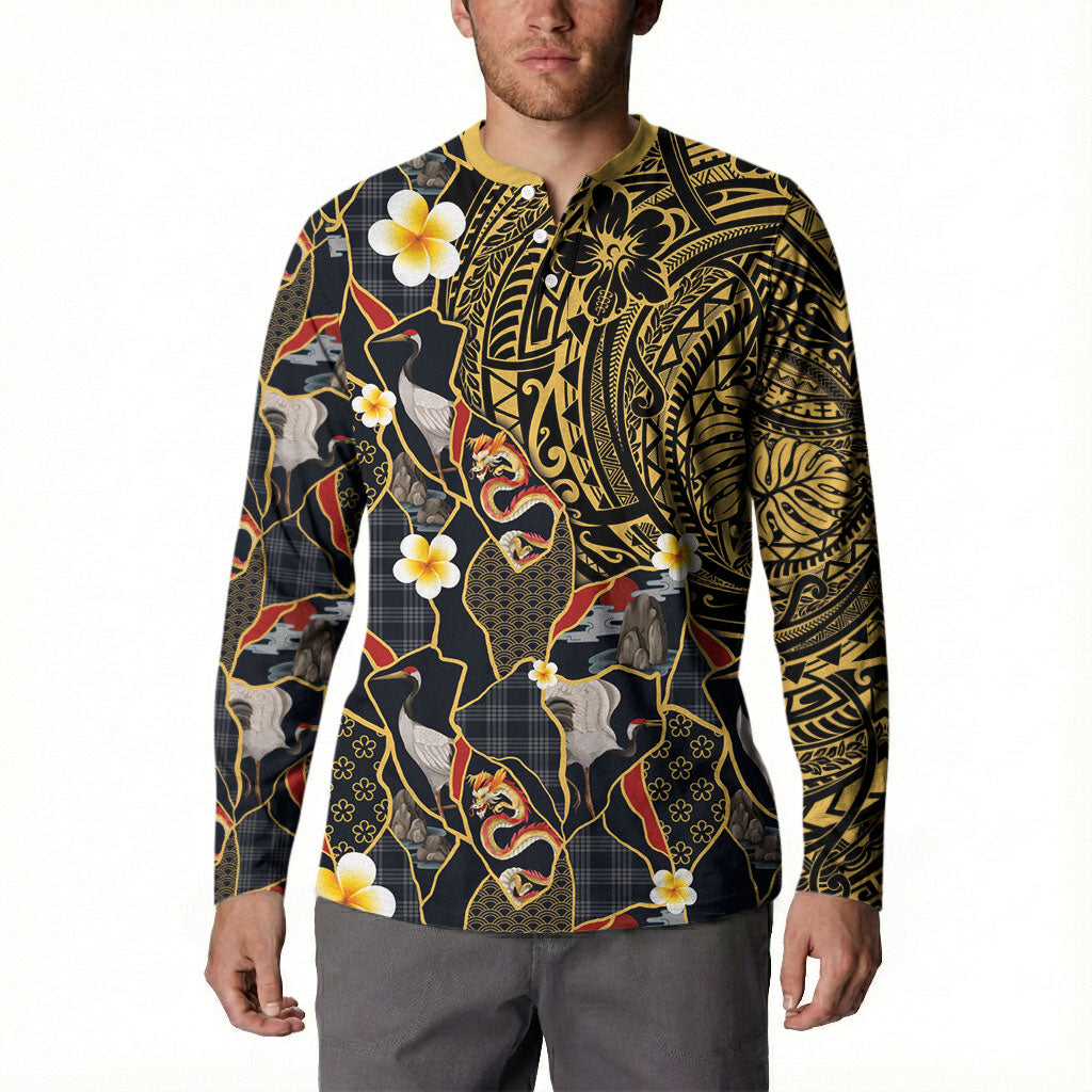 Hawaiian and Japanese Button Sweatshirt Polynesian Tattoo with Japanese Culture Kintsugi Style LT03 - Polynesian Pride