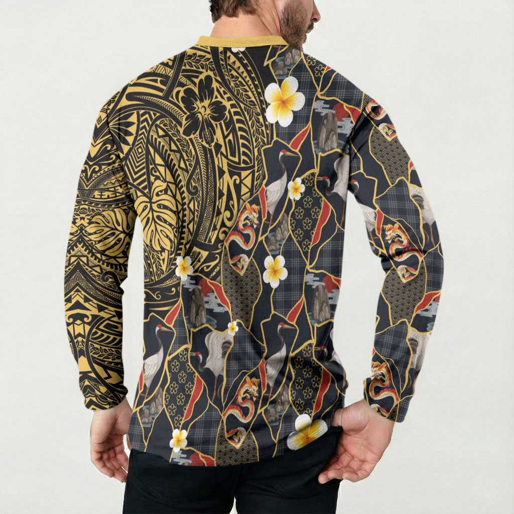 Hawaiian and Japanese Button Sweatshirt Polynesian Tattoo with Japanese Culture Kintsugi Style LT03 - Polynesian Pride