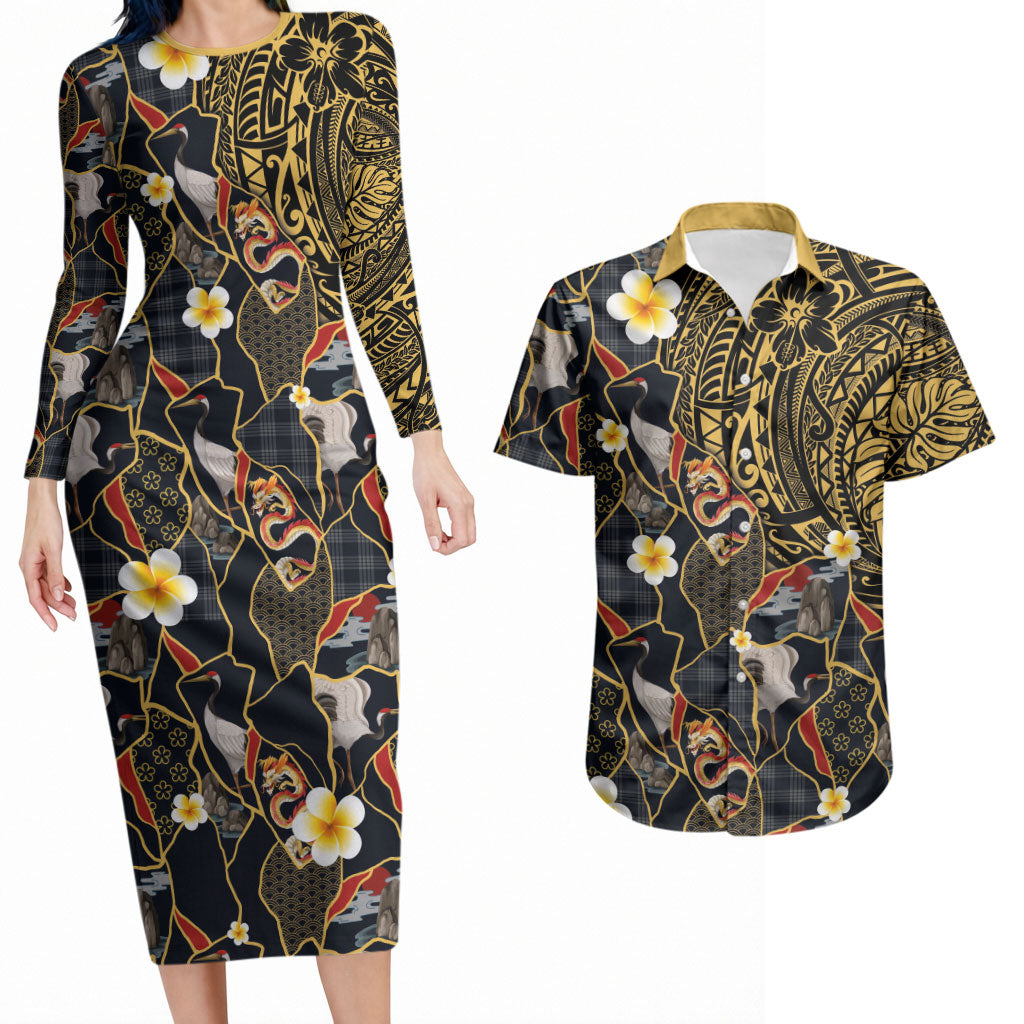 Hawaiian and Japanese Couples Matching Long Sleeve Bodycon Dress and Hawaiian Shirt Polynesian Tattoo with Japanese Culture Kintsugi Style LT03 Multicolor - Polynesian Pride