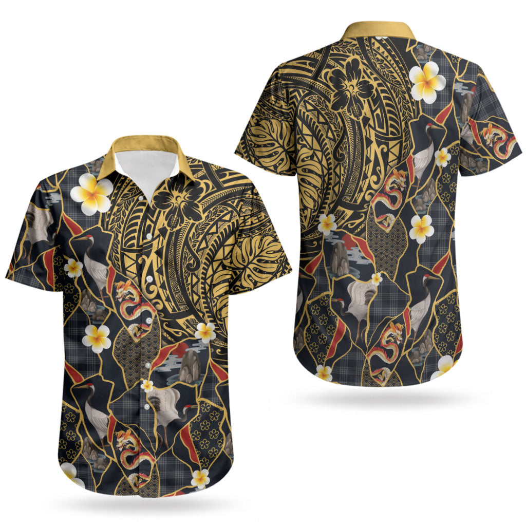 Hawaiian and Japanese Couples Matching Long Sleeve Bodycon Dress and Hawaiian Shirt Polynesian Tattoo with Japanese Culture Kintsugi Style LT03 - Polynesian Pride