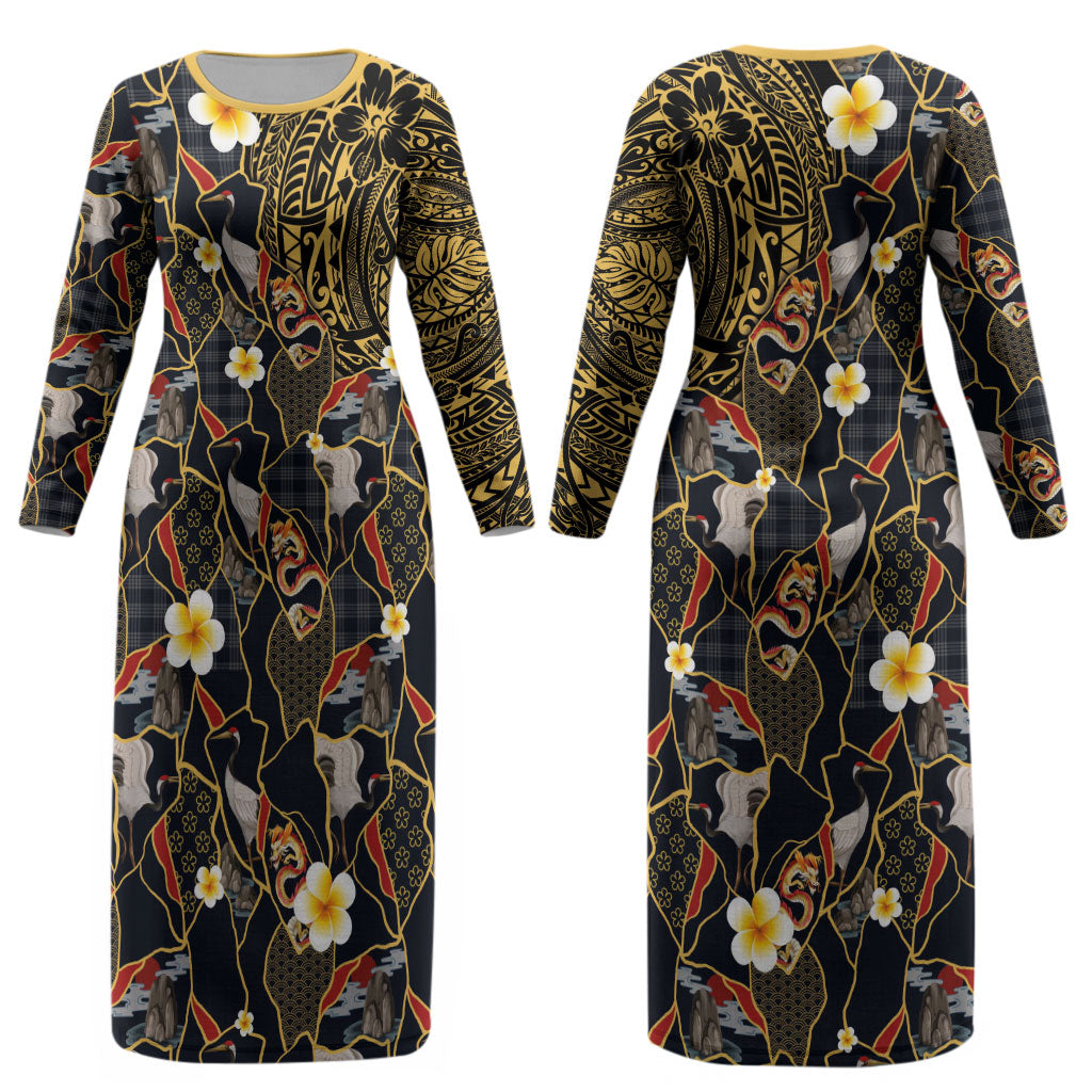 Hawaiian and Japanese Couples Matching Long Sleeve Bodycon Dress and Hawaiian Shirt Polynesian Tattoo with Japanese Culture Kintsugi Style LT03 - Polynesian Pride