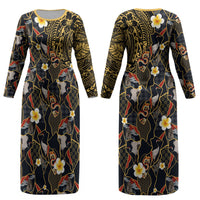 Hawaiian and Japanese Couples Matching Long Sleeve Bodycon Dress and Hawaiian Shirt Polynesian Tattoo with Japanese Culture Kintsugi Style LT03 - Polynesian Pride