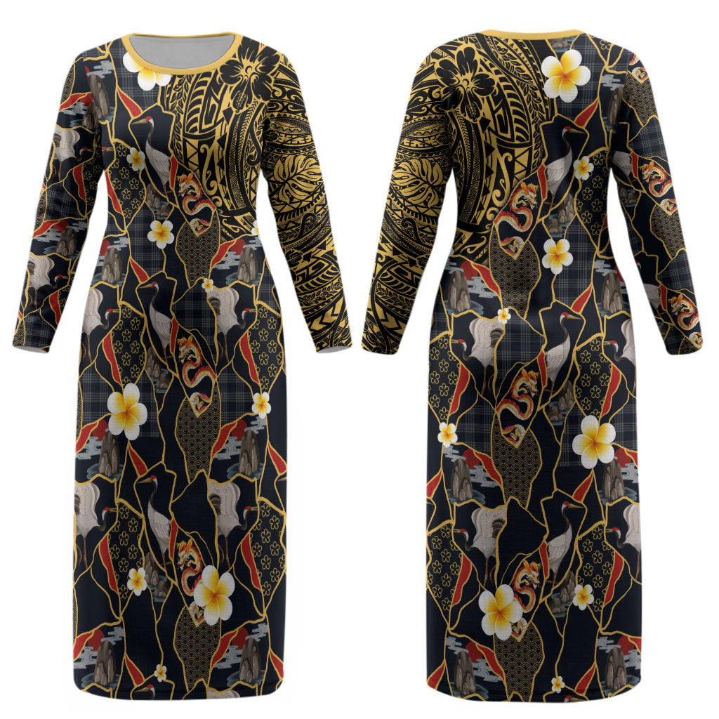 Hawaiian and Japanese Couples Matching Long Sleeve Bodycon Dress and Long Sleeve Button Shirt Polynesian Tattoo with Japanese Culture Kintsugi Style LT03 - Polynesian Pride