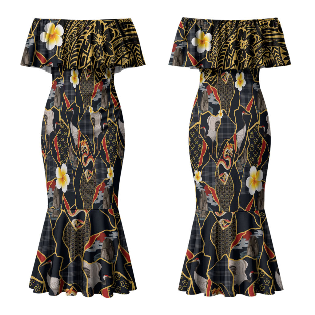 Hawaiian and Japanese Couples Matching Mermaid Dress and Long Sleeve Button Shirt Polynesian Tattoo with Japanese Culture Kintsugi Style LT03 - Polynesian Pride