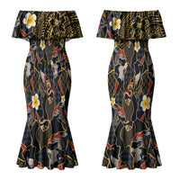 Hawaiian and Japanese Couples Matching Mermaid Dress and Long Sleeve Button Shirt Polynesian Tattoo with Japanese Culture Kintsugi Style LT03 - Polynesian Pride