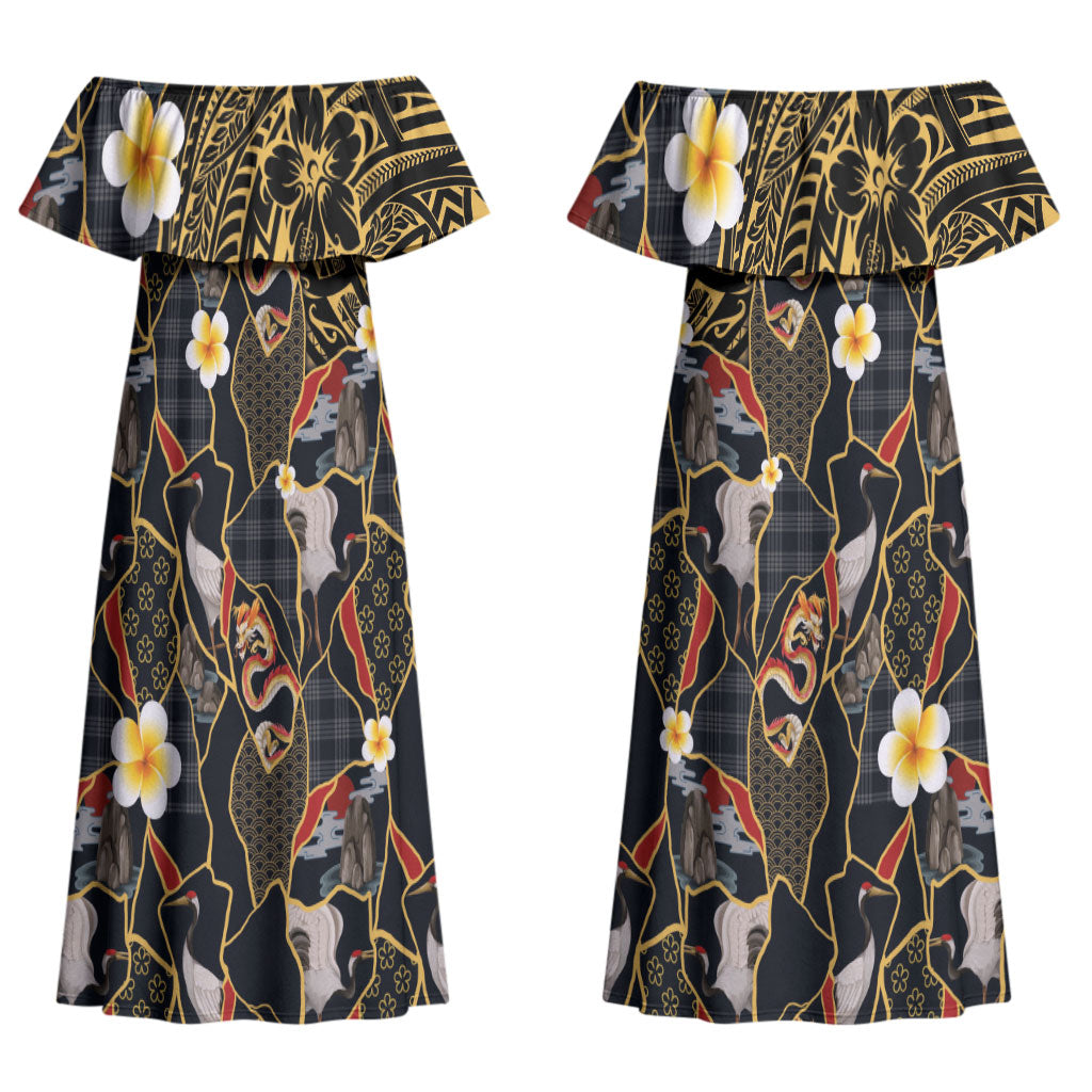 Hawaiian and Japanese Couples Matching Off Shoulder Maxi Dress and Hawaiian Shirt Polynesian Tattoo with Japanese Culture Kintsugi Style LT03 - Polynesian Pride