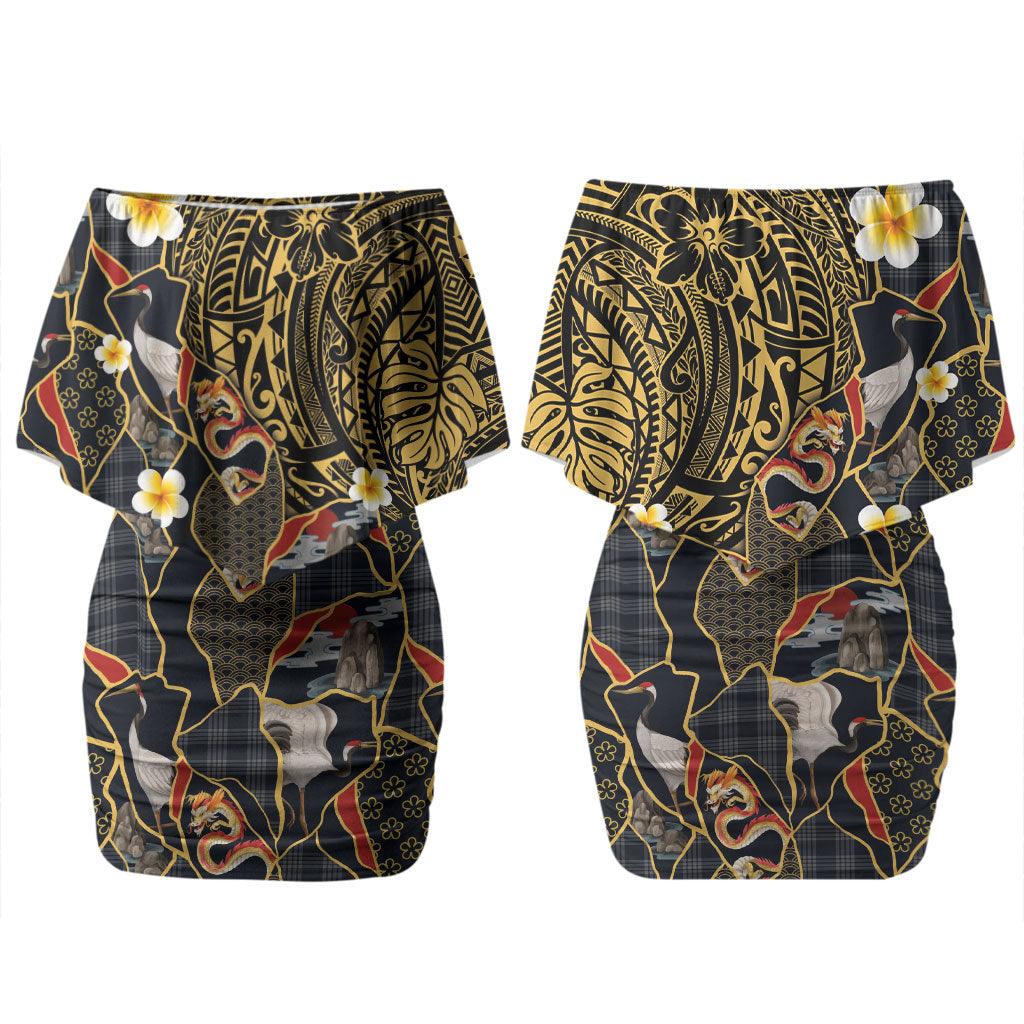 Hawaiian and Japanese Couples Matching Off Shoulder Short Dress and Hawaiian Shirt Polynesian Tattoo with Japanese Culture Kintsugi Style LT03 - Polynesian Pride