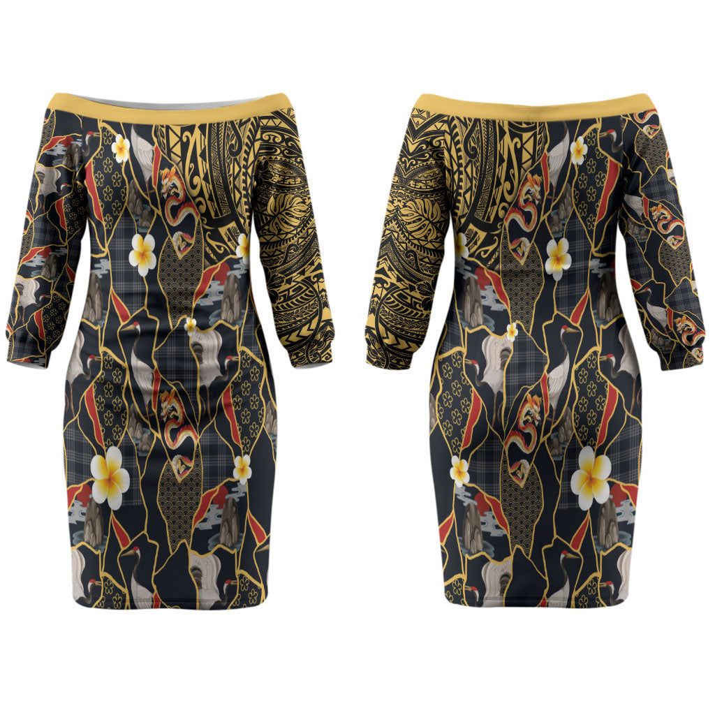 Hawaiian and Japanese Couples Matching Off The Shoulder Long Sleeve Dress and Hawaiian Shirt Polynesian Tattoo with Japanese Culture Kintsugi Style LT03 - Polynesian Pride