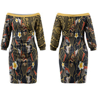 Hawaiian and Japanese Couples Matching Off The Shoulder Long Sleeve Dress and Long Sleeve Button Shirt Polynesian Tattoo with Japanese Culture Kintsugi Style LT03 - Polynesian Pride