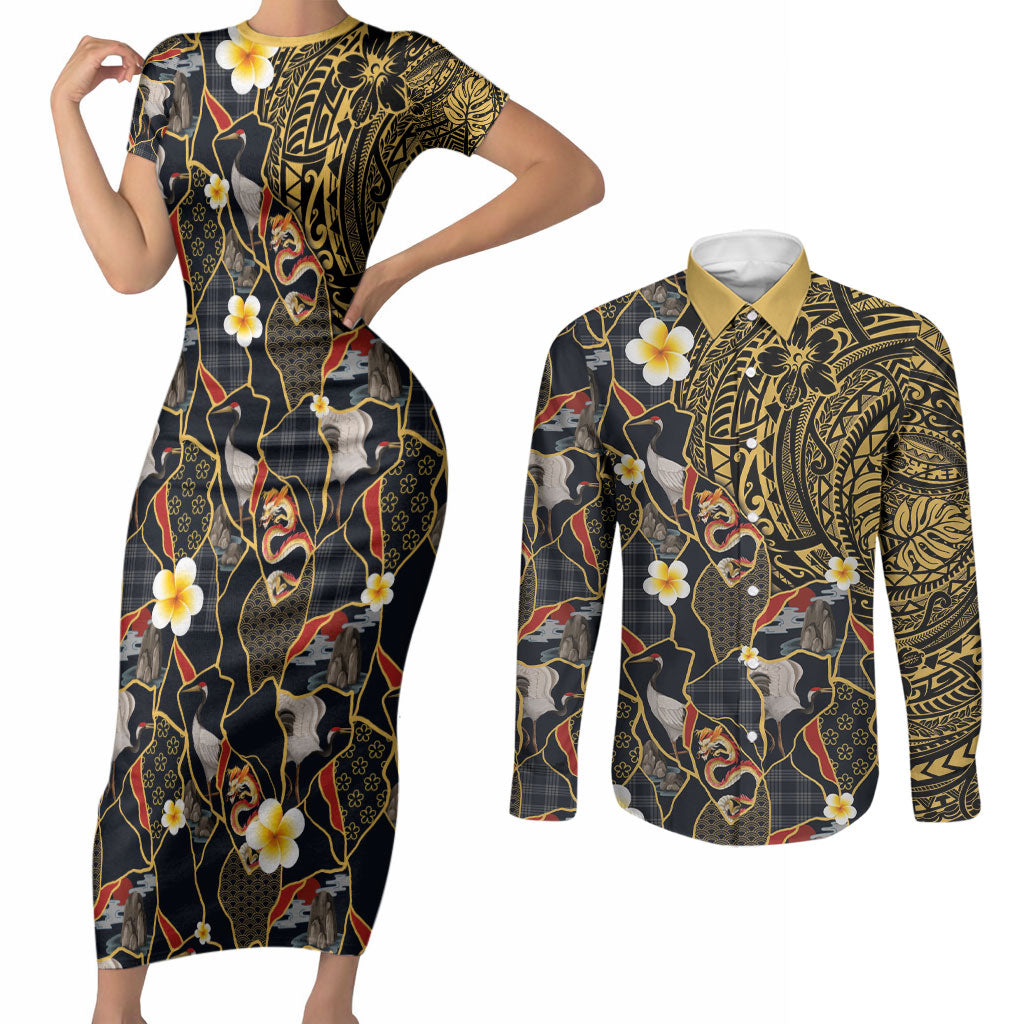 Hawaiian and Japanese Couples Matching Short Sleeve Bodycon Dress and Long Sleeve Button Shirt Polynesian Tattoo with Japanese Culture Kintsugi Style LT03 Multicolor - Polynesian Pride