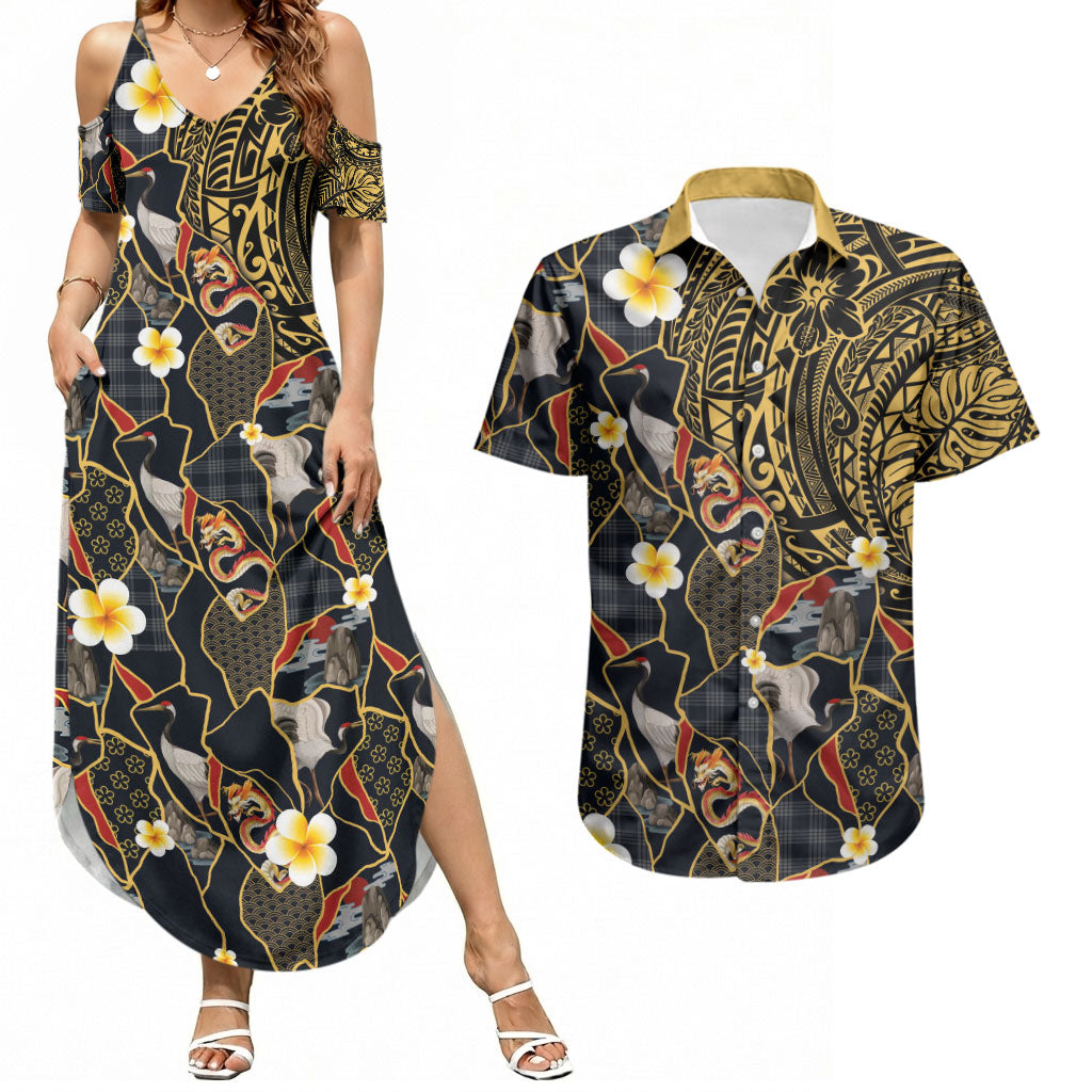 Hawaiian and Japanese Couples Matching Summer Maxi Dress and Hawaiian Shirt Polynesian Tattoo with Japanese Culture Kintsugi Style LT03 Multicolor - Polynesian Pride