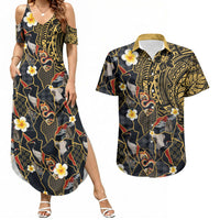 Hawaiian and Japanese Couples Matching Summer Maxi Dress and Hawaiian Shirt Polynesian Tattoo with Japanese Culture Kintsugi Style LT03 Multicolor - Polynesian Pride