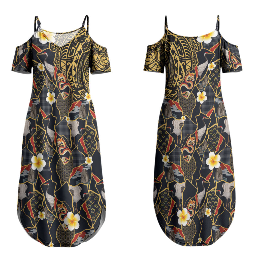 Hawaiian and Japanese Couples Matching Summer Maxi Dress and Hawaiian Shirt Polynesian Tattoo with Japanese Culture Kintsugi Style LT03 - Polynesian Pride