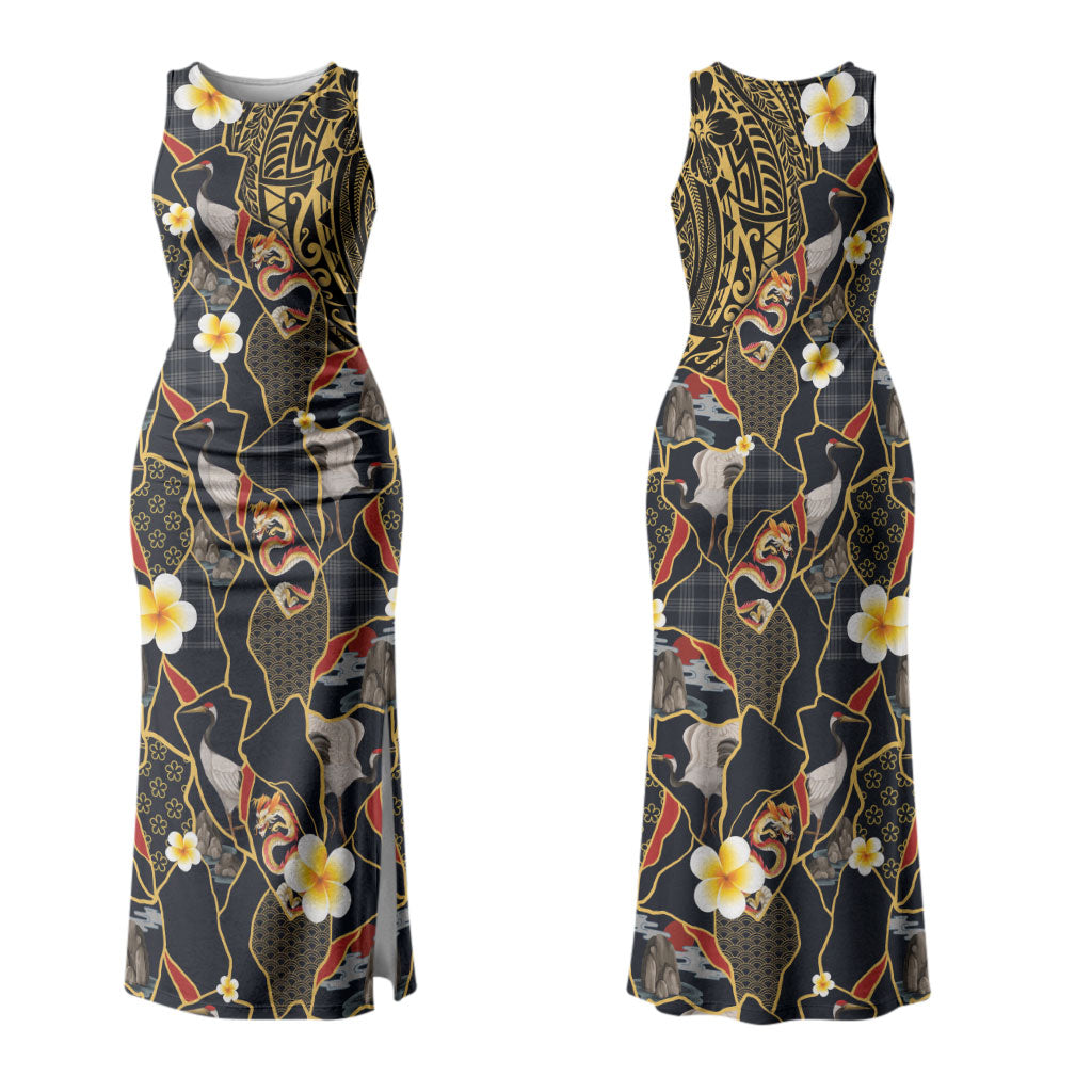 Hawaiian and Japanese Couples Matching Tank Maxi Dress and Hawaiian Shirt Polynesian Tattoo with Japanese Culture Kintsugi Style LT03 - Polynesian Pride