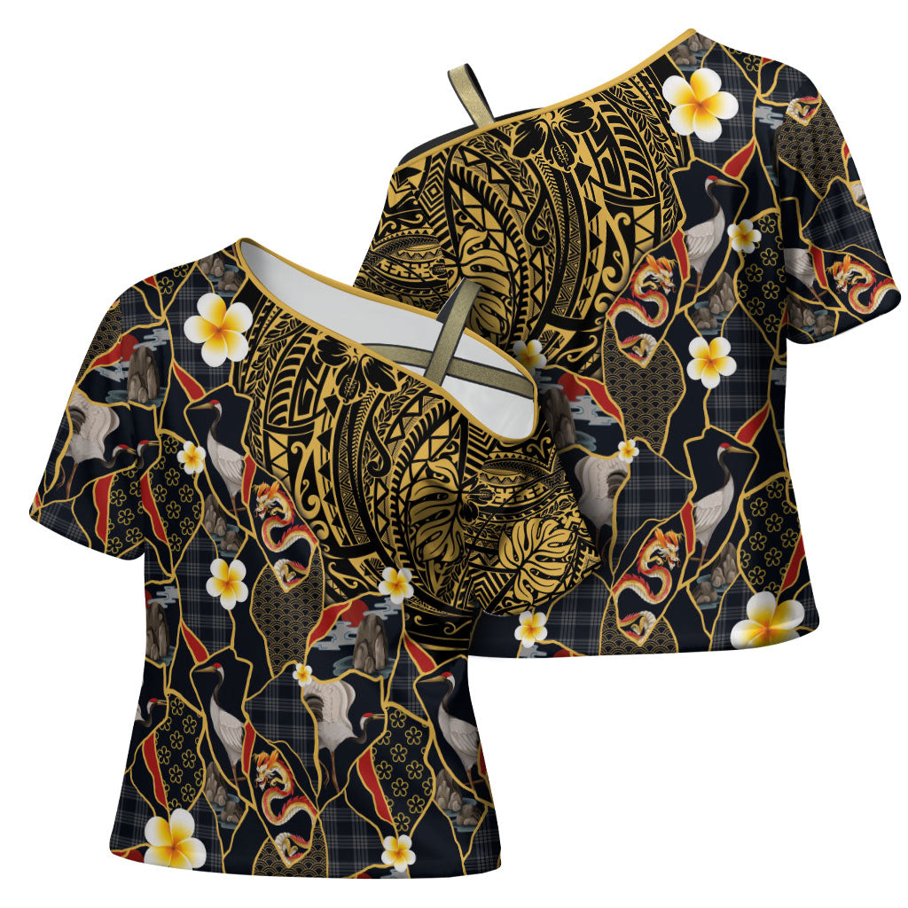 Hawaiian and Japanese Cross Shoulder Shirt Polynesian Tattoo with Japanese Culture Kintsugi Style LT03 - Polynesian Pride