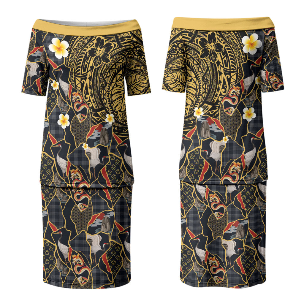 Hawaiian and Japanese Family Matching Puletasi and Hawaiian Shirt Polynesian Tattoo with Japanese Culture Kintsugi Style LT03 Mom's Dress Multicolor - Polynesian Pride