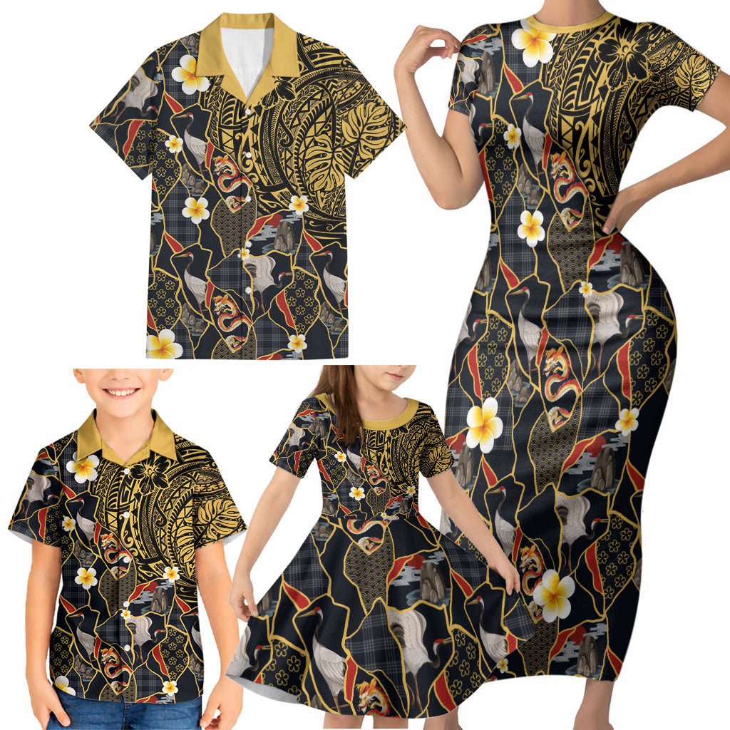 Hawaiian and Japanese Family Matching Short Sleeve Bodycon Dress and Hawaiian Shirt Polynesian Tattoo with Japanese Culture Kintsugi Style LT03 - Polynesian Pride