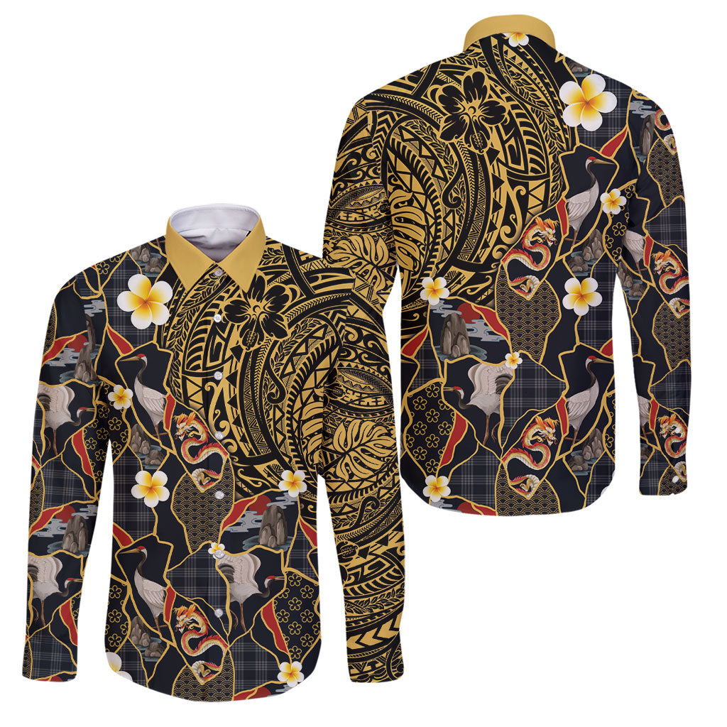 Hawaiian and Japanese Family Matching Tank Maxi Dress and Hawaiian Shirt Polynesian Tattoo with Japanese Culture Kintsugi Style LT03 Dad's Shirt - Long Sleeve Multicolor - Polynesian Pride