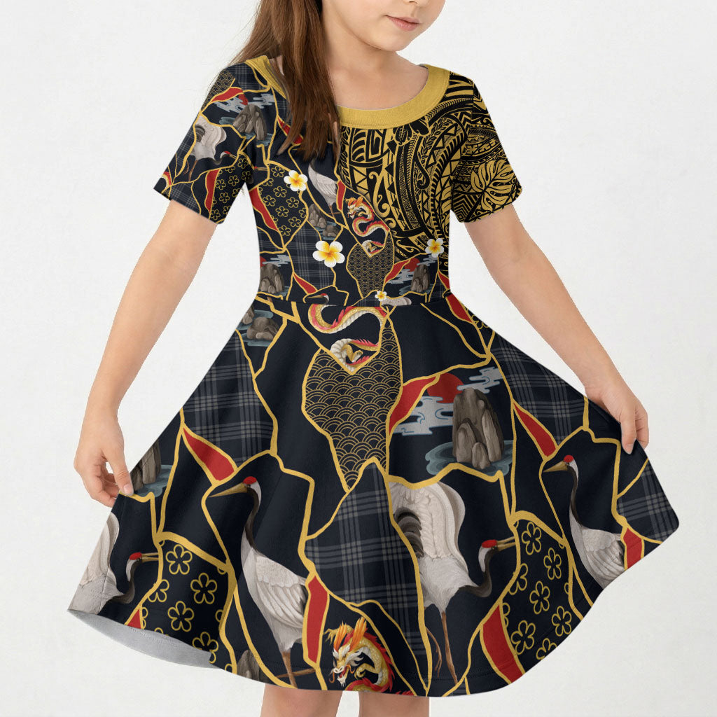 Hawaiian and Japanese Kid Short Sleeve Dress Polynesian Tattoo with Japanese Culture Kintsugi Style LT03 KID Multicolor - Polynesian Pride