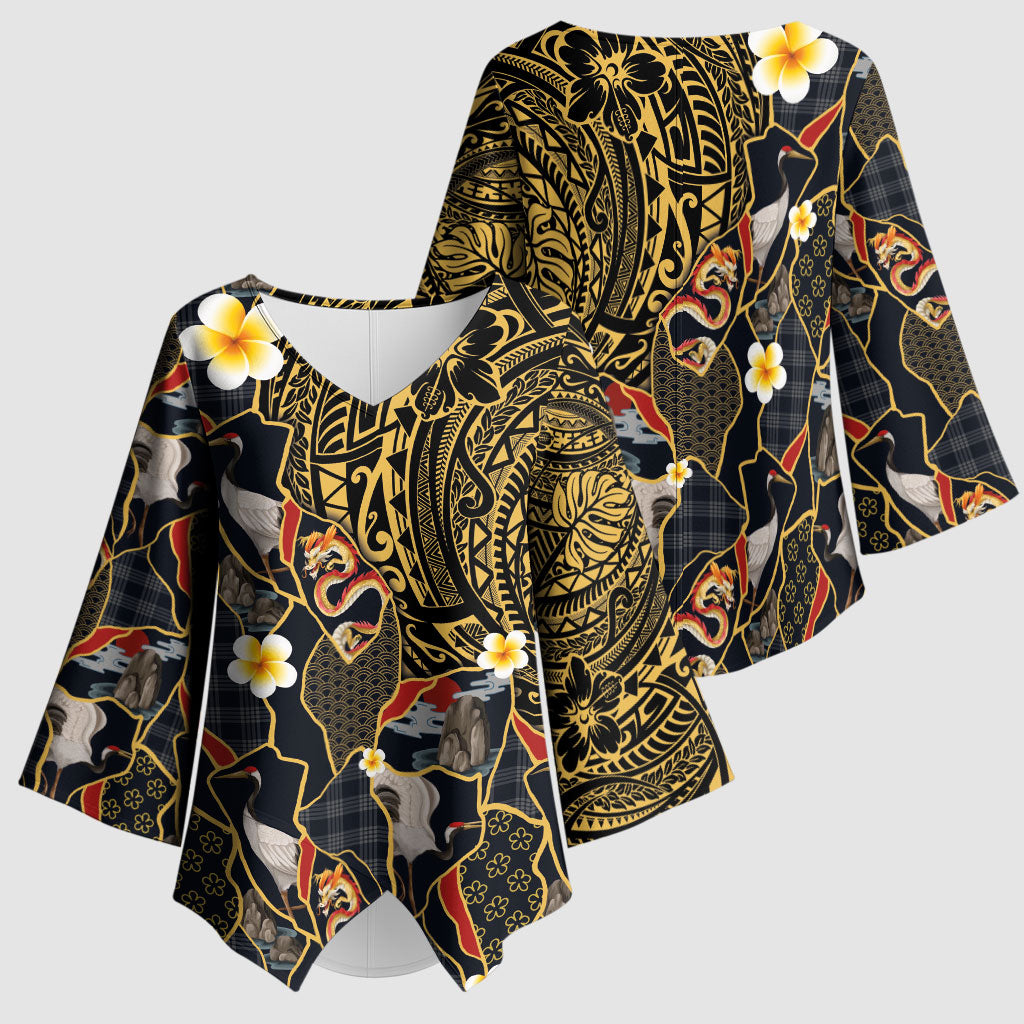 Hawaiian and Japanese Kimono Sleeve Blouse Polynesian Tattoo with Japanese Culture Kintsugi Style LT03 - Polynesian Pride