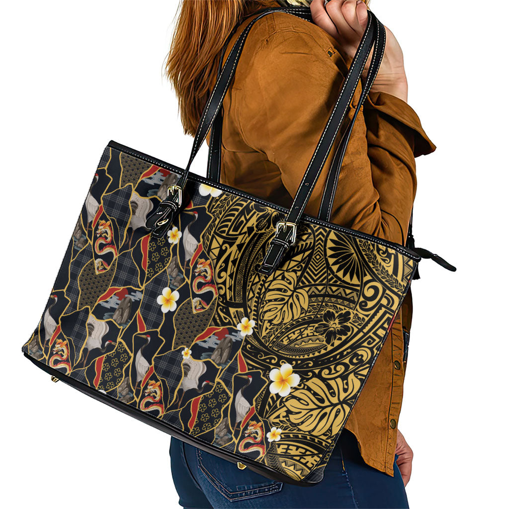 Hawaiian and Japanese Leather Tote Bag Polynesian Tattoo with Japanese Culture Kintsugi Style LT03 - Polynesian Pride