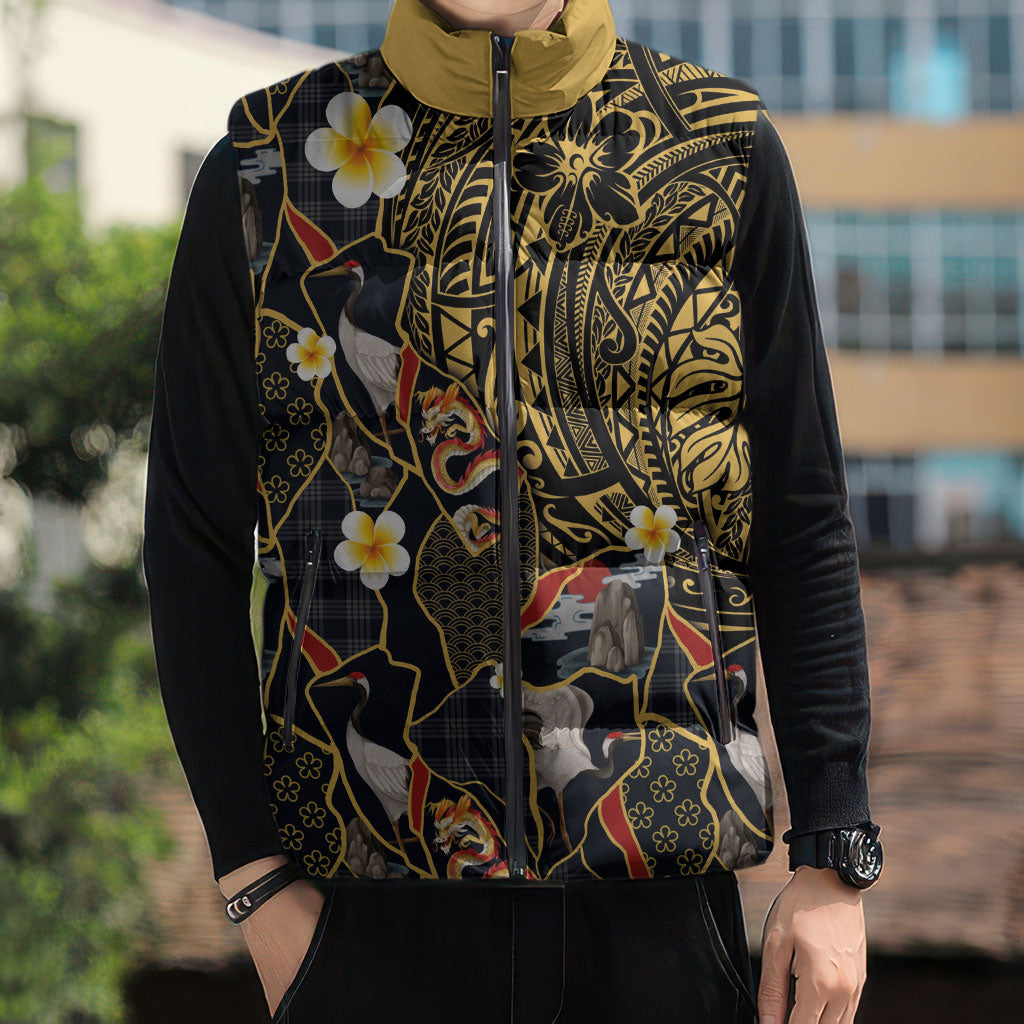 Hawaiian and Japanese Sleeveless Puffer Jacket Polynesian Tattoo with Japanese Culture Kintsugi Style LT03 - Polynesian Pride