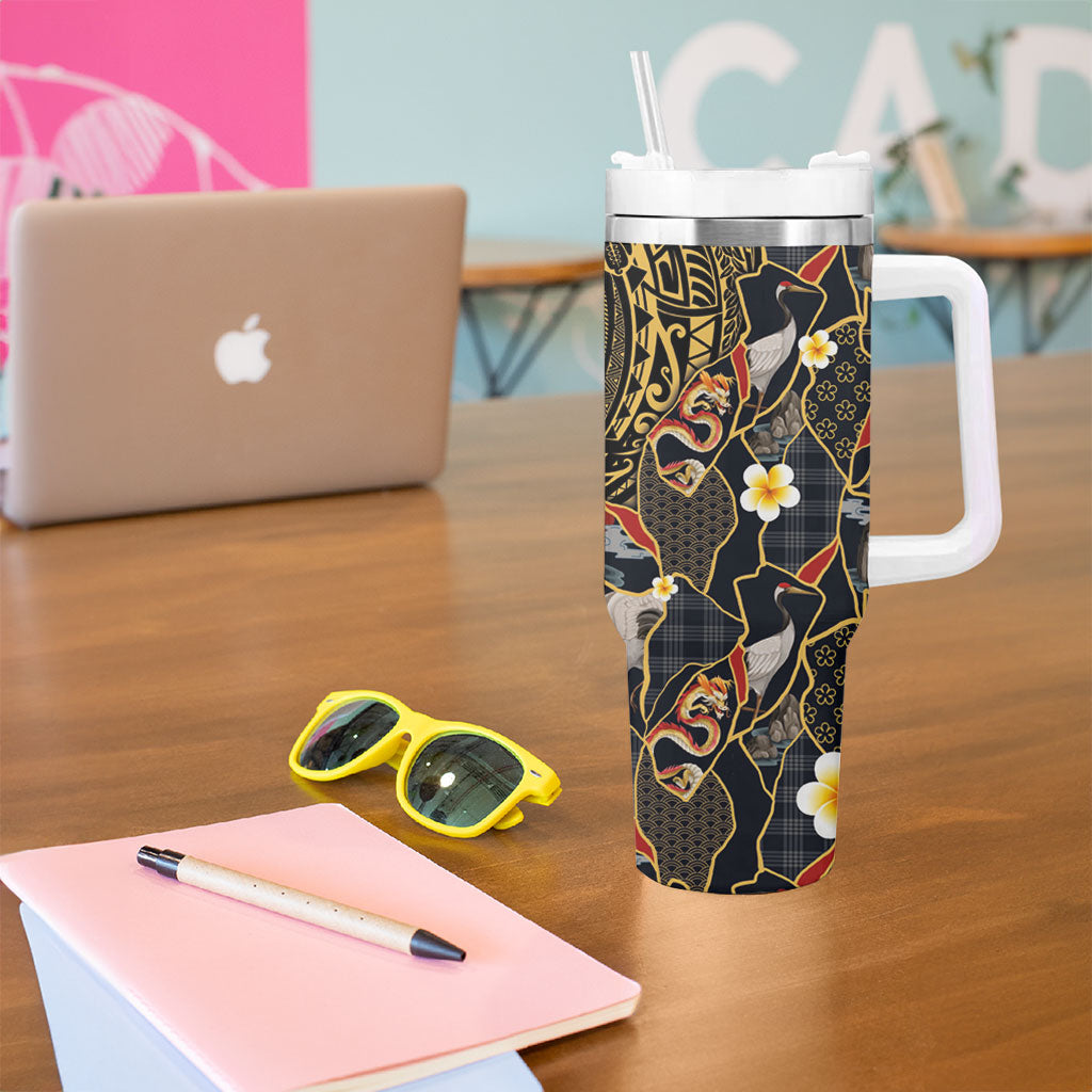 Hawaiian and Japanese Tumbler With Handle Polynesian Tattoo with Japanese Culture Kintsugi Style LT03 - Polynesian Pride