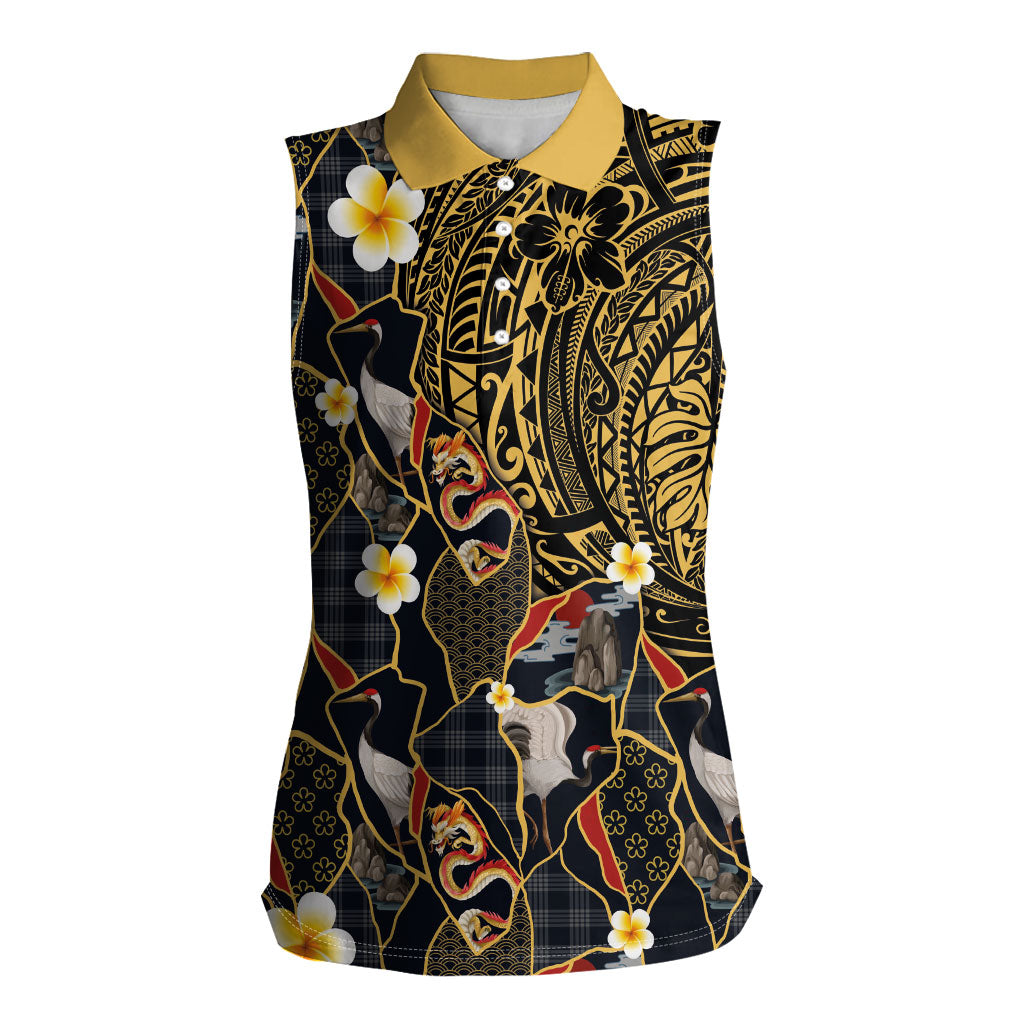 Hawaiian and Japanese Women Sleeveless Polo Shirt Polynesian Tattoo with Japanese Culture Kintsugi Style LT03 Female Multicolor - Polynesian Pride