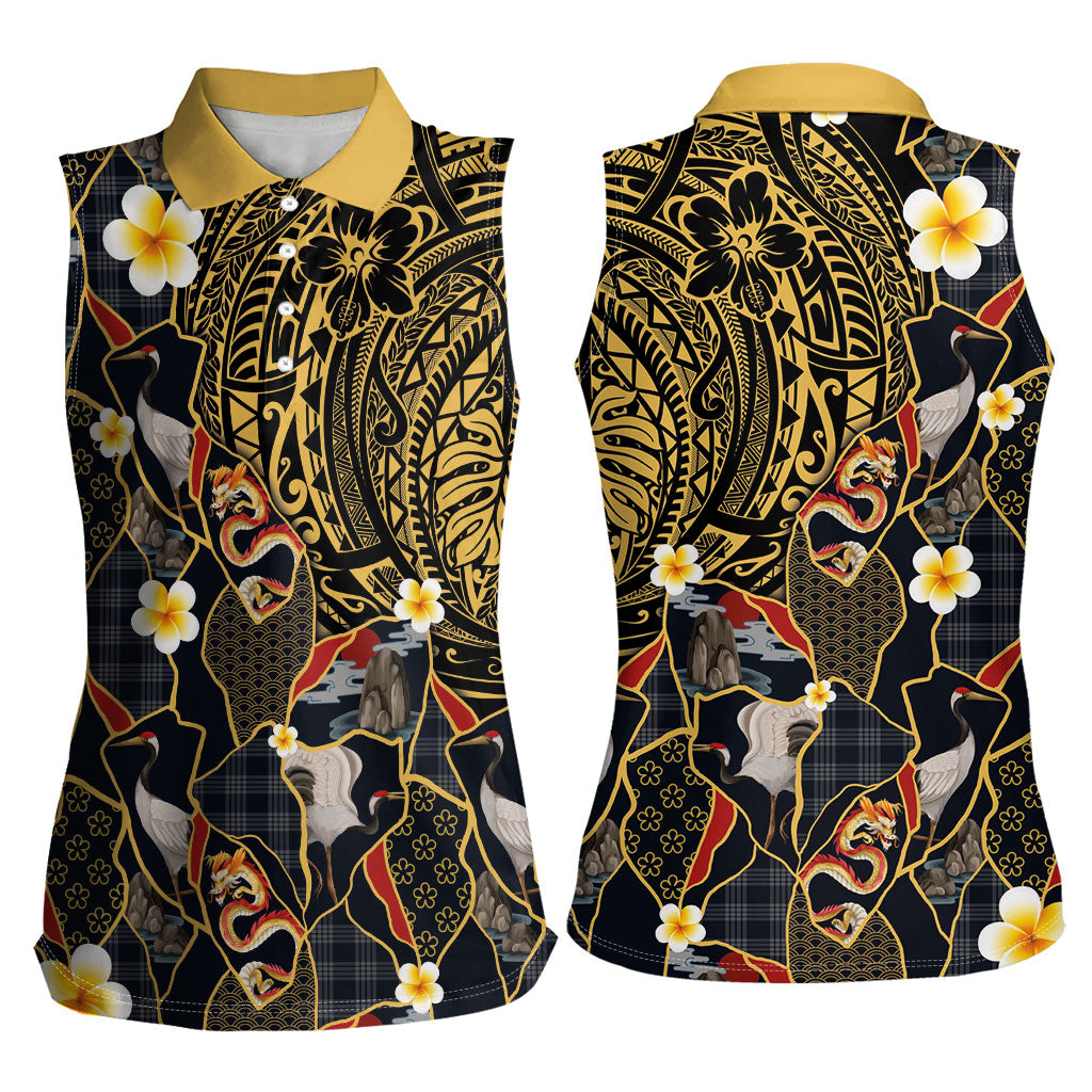 Hawaiian and Japanese Women Sleeveless Polo Shirt Polynesian Tattoo with Japanese Culture Kintsugi Style LT03 - Polynesian Pride