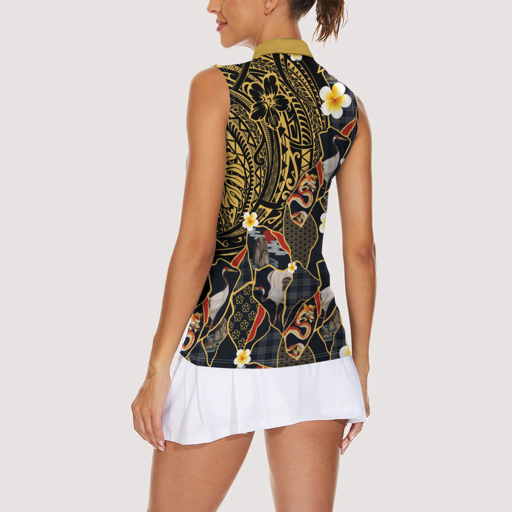 Hawaiian and Japanese Women Sleeveless Polo Shirt Polynesian Tattoo with Japanese Culture Kintsugi Style LT03 - Polynesian Pride