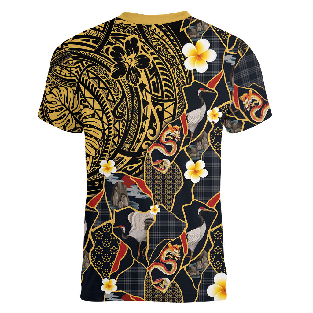 Hawaiian and Japanese Women V-Neck T-Shirt Polynesian Tattoo with Japanese Culture Kintsugi Style LT03 - Polynesian Pride