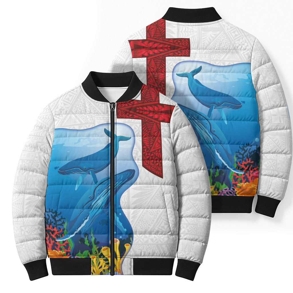Tonga Swimming with Whales Bomber Puffer Jacket Ngatu Pattern LT03 - Polynesian Pride
