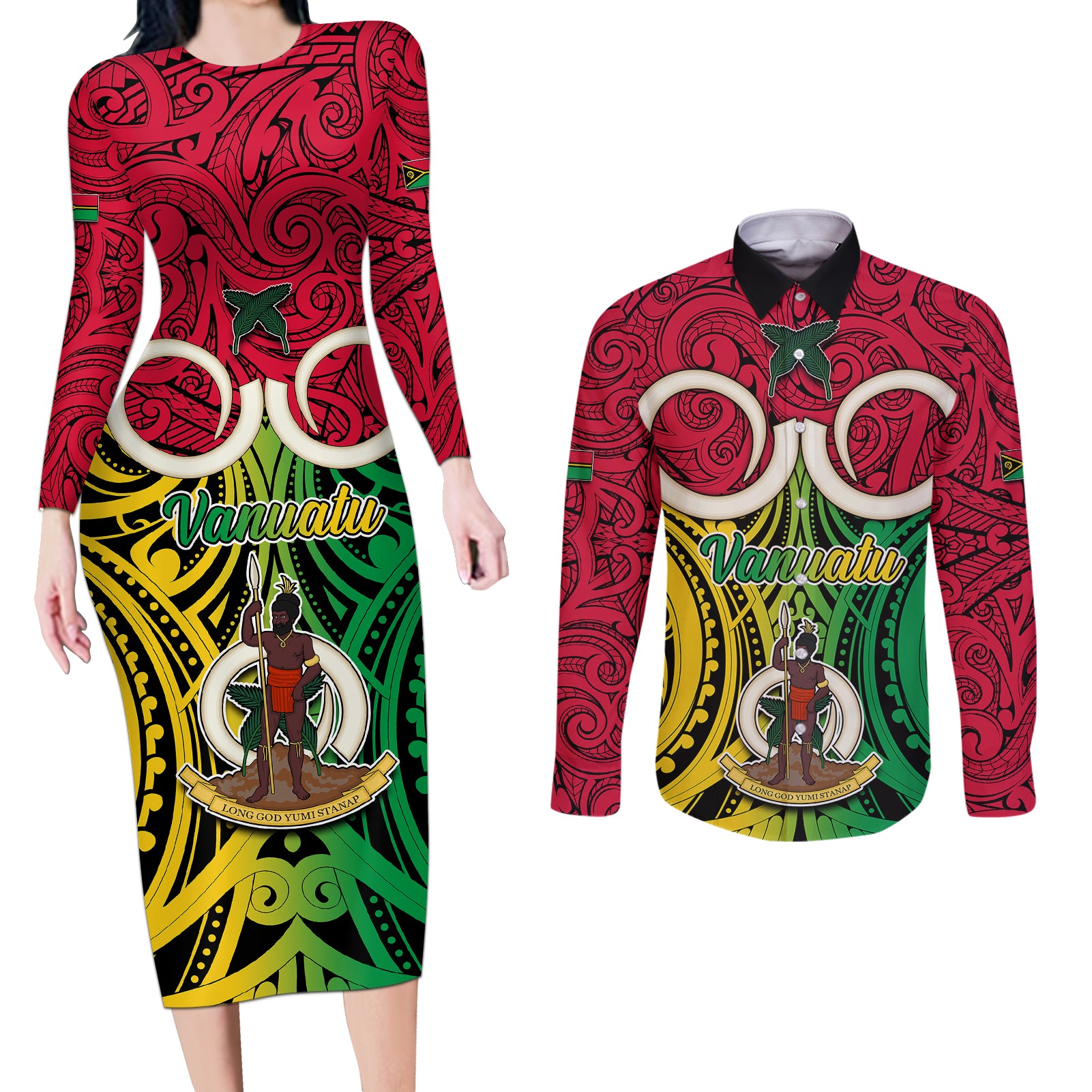 Vanuatu Couples Matching Long Sleeve Bodycon Dress and Long Sleeve Button Shirts Pig Tusk Mix Maori Pattern and Namele Leaf LT03 Red - Polynesian Pride