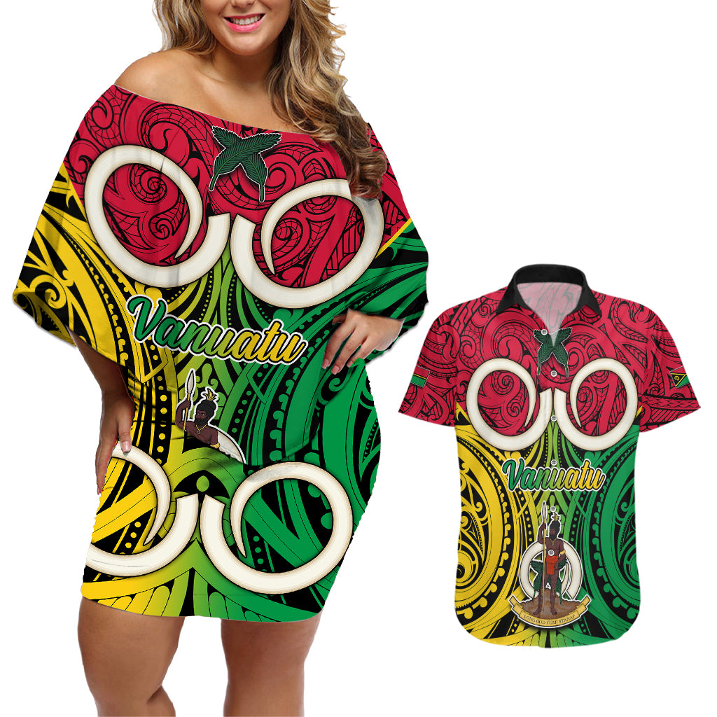Vanuatu Couples Matching Off Shoulder Short Dress and Hawaiian Shirt Pig Tusk Mix Maori Pattern and Namele Leaf LT03 Red - Polynesian Pride