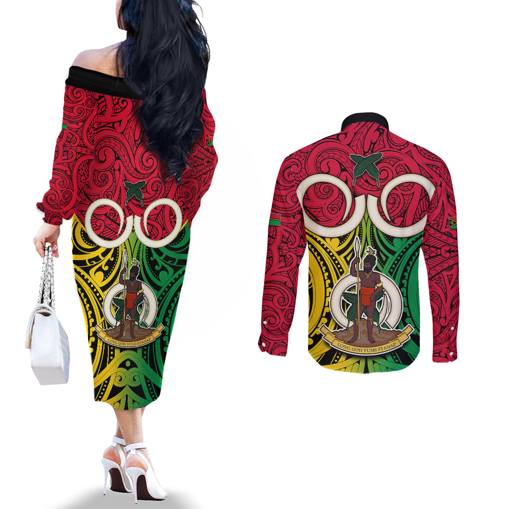 Vanuatu Couples Matching Off The Shoulder Long Sleeve Dress and Long Sleeve Button Shirts Pig Tusk Mix Maori Pattern and Namele Leaf LT03 - Polynesian Pride