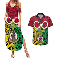 Vanuatu Couples Matching Summer Maxi Dress and Hawaiian Shirt Pig Tusk Mix Maori Pattern and Namele Leaf LT03 Red - Polynesian Pride