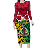 Vanuatu Family Matching Long Sleeve Bodycon Dress and Hawaiian Shirt Pig Tusk Mix Maori Pattern and Namele Leaf LT03 Mom's Dress Red - Polynesian Pride