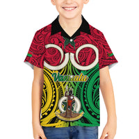Vanuatu Family Matching Off Shoulder Short Dress and Hawaiian Shirt Pig Tusk Mix Maori Pattern and Namele Leaf LT03 Son's Shirt Red - Polynesian Pride