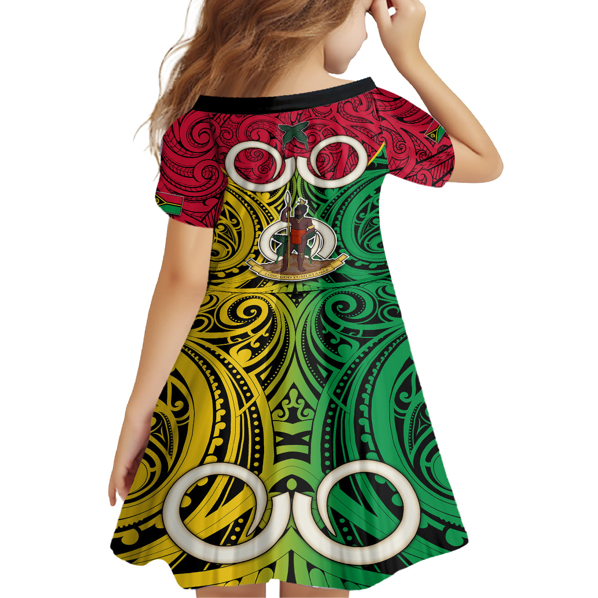 Vanuatu Kid Short Sleeve Dress Pig Tusk Mix Maori Pattern and Namele Leaf LT03 - Polynesian Pride