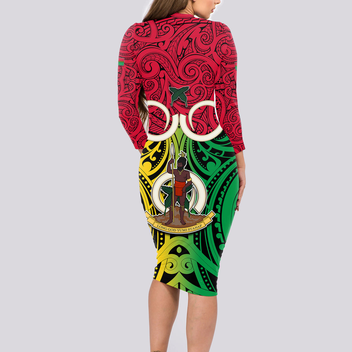 Vanuatu Long Sleeve Bodycon Dress Pig Tusk Mix Maori Pattern and Namele Leaf LT03 - Polynesian Pride