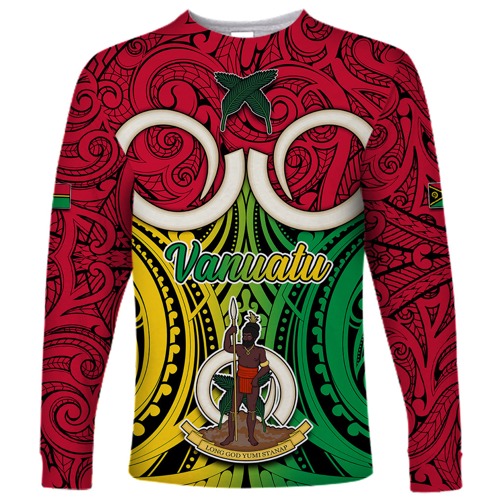 Vanuatu Long Sleeve Shirt Pig Tusk Mix Maori Pattern and Namele Leaf LT03 Unisex Red - Polynesian Pride