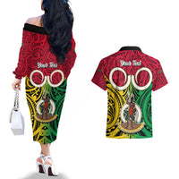 Personalised Vanuatu Couples Matching Off The Shoulder Long Sleeve Dress and Hawaiian Shirt Pig Tusk Mix Maori Pattern and Namele Leaf LT03 - Polynesian Pride