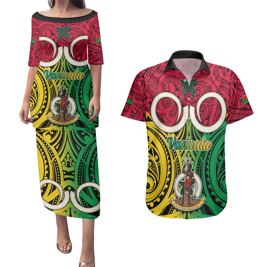 Personalised Vanuatu Couples Matching Puletasi Dress and Hawaiian Shirt Pig Tusk Mix Maori Pattern and Namele Leaf LT03 Red - Polynesian Pride